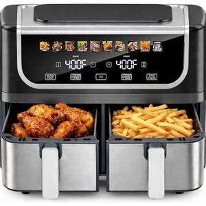 Simple Deluxe 9.5-Qt Dual Basket Air Fryer, 10-in-1 Digital Preset 1700W Airfryer, Sync Cook, Independent Temp Control, Shake Reminder, Nonstick Basket, Black