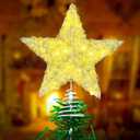 Christmas Tree Topper, Glittering 20 LED Lights Star Treetop Two ModesSolid and Blinking 10-inch Christmas Decorations with Battery Operated for Any Size Christmas Tree (Large Gold Ribbon)