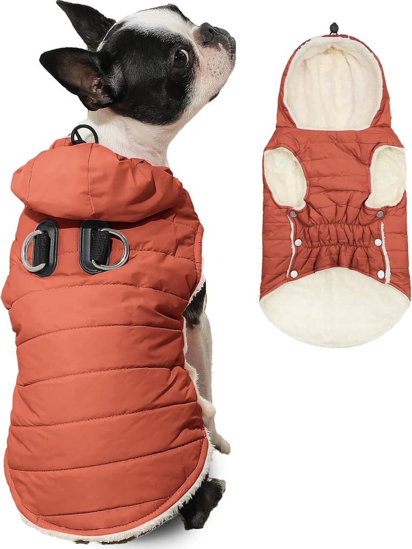 Vecomfy Fleece Lining Dog Hoodie with Harness Built in,Extra Warm Small Dog Jacket in Winter Puppy Coats with Drawstring Hooded,Orange S (Small (Pack of 1))