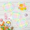 50Pcs Easter Oval Paper Plates Blue Pink Yellow Buffalo Plaid Dinner Plates Disposable Large Farmhouse Heavy Duty Paper Platter Colorful Plaid Dessert Plate for Seasonal Spring Party Supplies