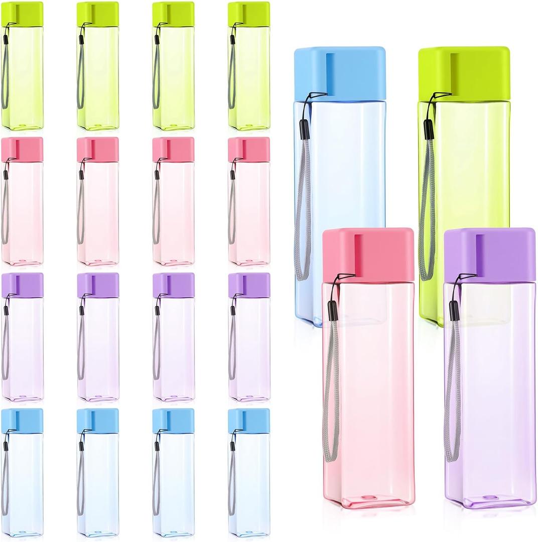 Josojoou 20Pcs Reusable Water Bottles Bulk 17 oz Large Capacity Plastic Water Bottles Leak Proof Sports Waters Bottle for Gym Travel School Office (Mixed Color, Rectangle)