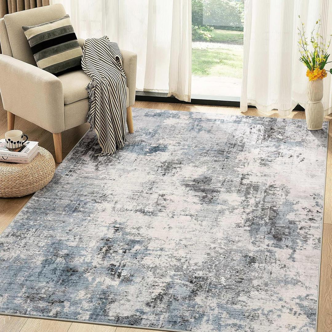 Washable Rug 5x7 Area Rugs for Living Room: Modern Abstract Neutral Soft Carpet for Bedroom Dining Room Under Kitchen Table Home Office Decor - Grey Blue