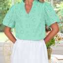 ZESICA Women's Summer Short Puff Sleeve Shirts 2025 V Neck Casual Hollow Out Lace Embroidered Blouse Tops (Green, S)