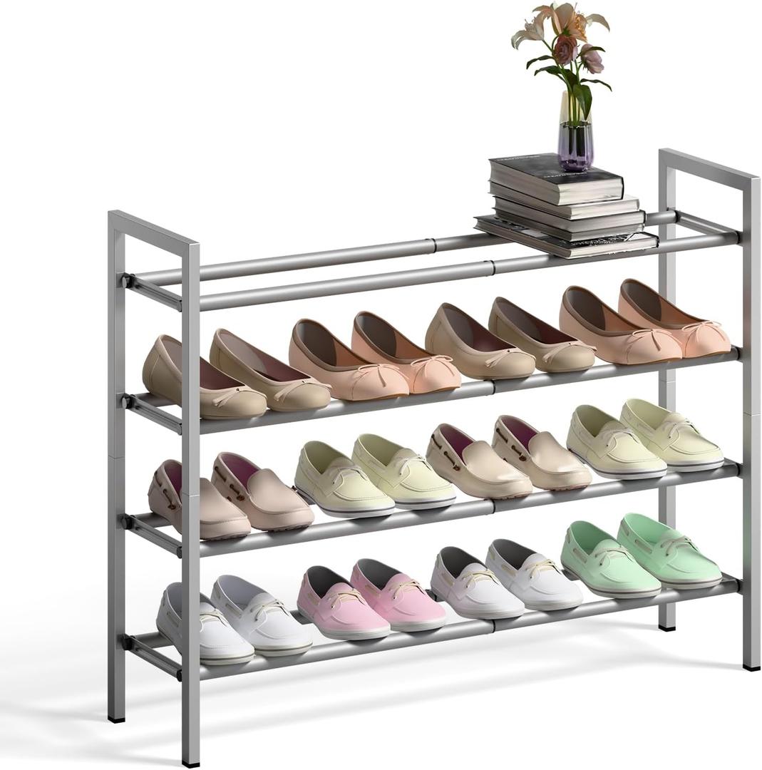Bumusty 4-Tier Expandable Shoe Rack for Closet, 18-33 Adjustable Shoe Rack for Small Space, Small Shoe Organizer for Front Door, Sturdy Metal, Light Grey