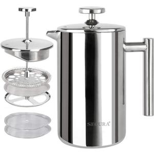 Secura French Press Coffee Maker, 304 Grade Stainless Steel Insulated Coffee Press with 2 Extra Screens, 17oz (0.5 Litre), Silver