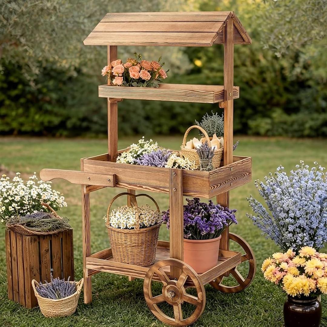 Flower Cart Display Stand with Wheels, 3-Tier Wooden Candy Cart