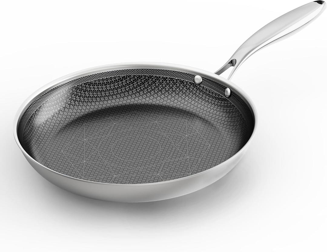 COOKER KING 10-Inch Stainless Steel Pan, Hybrid Nonstick Frying Pan, Skillet, 3-Ply Clad Cookware, Even Heat Distribution, Dishwasher & Oven Safe, with Stay-Cool Handle, Induction Compatible