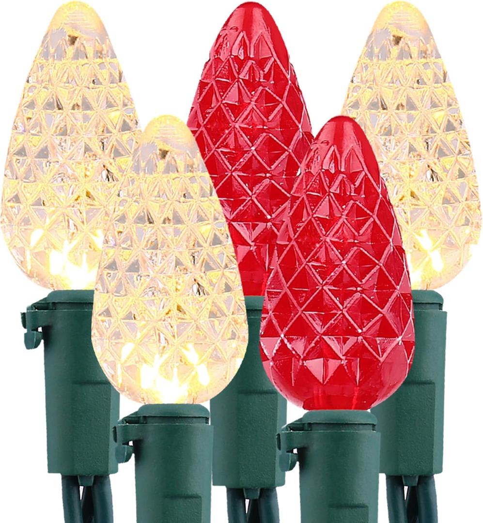 Brizled Red & Warm White Christmas Lights, 33ft 100 LED Faceted C5 Christmas String Lights, 120V UL Certified Xmas Tree Light Connectable White Xmas Light Indoor Outdoor for Home Tree Holiday Patio