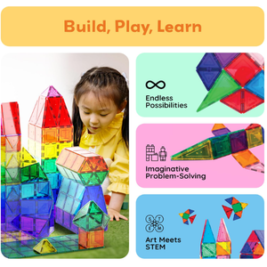 PicassoTiles magnetic tile set (PT60) includes 60 classic pieces for building bright 2D and 3D structures. This magnetic tile building set encourages creativity, color and shape recognition, and early STEM skills through open-ended, screen-free play.