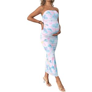 Floerns Women's Pregnancy Dress Floral Strapless Ruched Bodycon Slit Long Maternity Dresses, Medium 
