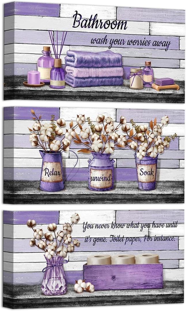 HOMEOART Farmhouse Bathroom Wall Decor - Pictures Canvas Wall Art for Bathroom Decor Framed 6x12inchx3Pieces (Purple)