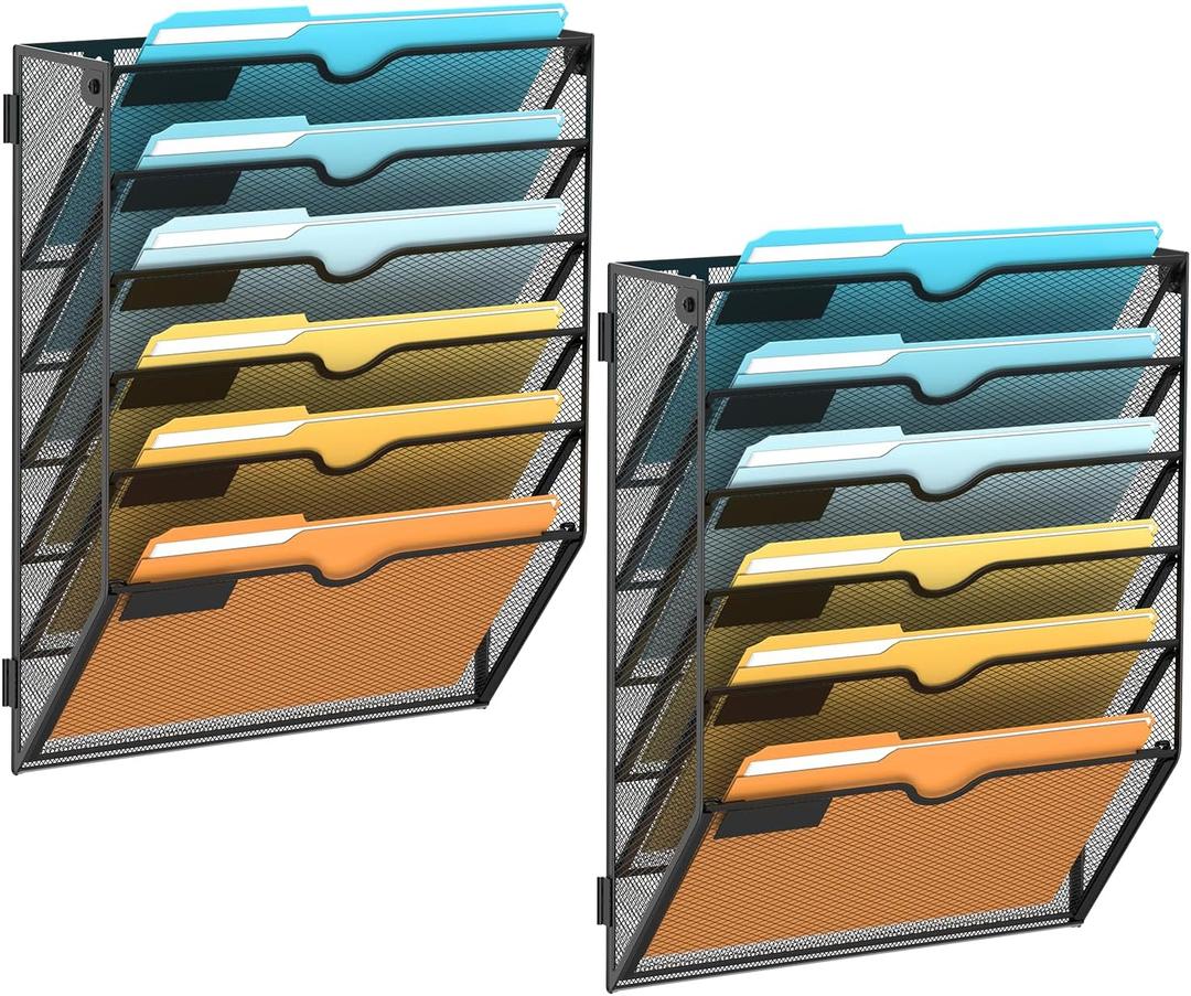 SUPEASY Wall File Organizer Mesh Office Mail Holder, Hanging Wall Organizer Magazine Rack for Office Black, 6 Tier, 2Pack