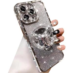 Magnetic Glitter Case for iPhone 16 Pro Max,[Compatible with MagSafe] Bling Sparkly Diamond with Camera Protector &Butterfly Stand &Makeup Mirror Women Girls Case for iPhone 16 Pro Max,Silver
