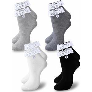 Fourluoo 4 Pairs of Women's Ruffle Frilly Socks Soft Breathable Lace Ankle Socks Cute Princess Dress for Women