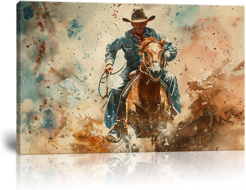 Cowboy Wall Art Pictures Vintage Horse Poster Canvas Prints Western Cowboy Artwork Wall Decor for Living Room Bedroom Office Home Decorations Framed Ready to Hang (18''H x 24''W)