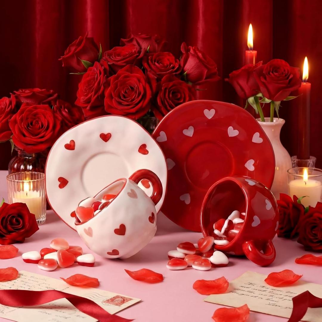 Havawish 2 Pack Valentine's Day Ceramic Coffee Mug with Saucer Set, 12oz Cute Creative Love Heart Tea Cups with Handle for Valentine's Day Galentine's Gift Wedding Anniversaries Party Supplies