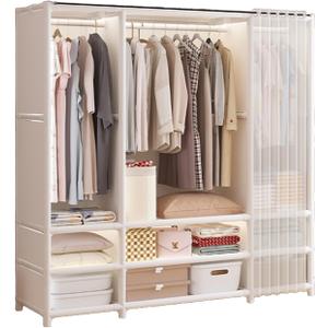 Portable Closet,Portable Closets for Hanging Clothes,Japanese Style Wardrobe with 3 Hanging Rods,9 Storage Shelves,56.2" L x 17.7" W x 65.1" H,White