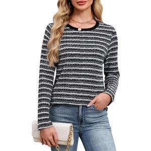 Blooming Jelly Womens Tops Striped Shimmer Long Sleeve Shirts Tweed T Shirt Dressy Casual Business 2026 Spring (XL)