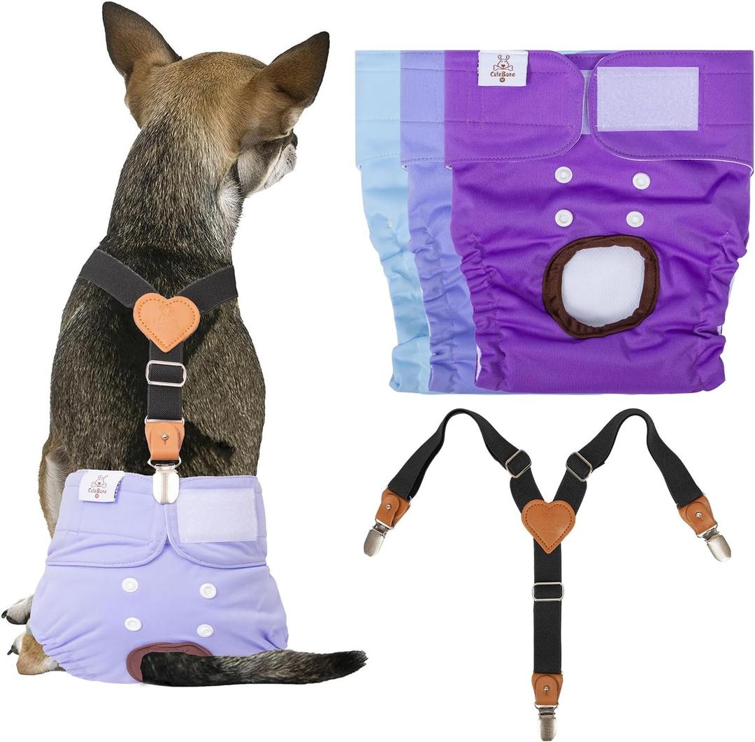 CuteBone Dog Diapers Female 3 Pack Reusable Doggy Diapers with One Suspender for Small Medium Large Dog Period, Small
