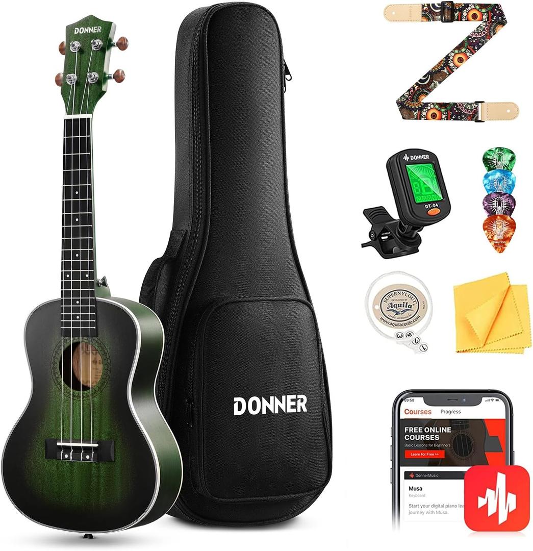 Donner Concert Ukulele Professional 23 Inch Mahogany Ukelele for Adult Beginner Ukele Bundle with Online Lesson Gig Bag Aquila String Pick Tuner Strap Cloth DUC-200G Green