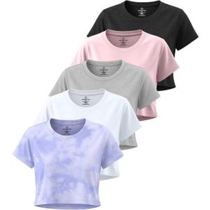Real Essentials 5 Pack: Women's Dry Fit Crop Top - Short Sleeve Crew Neck Stretch Athletic Tee, XS Real Essentials 5 Pack: Women's Dry Fit Crop Top - Short Sleeve Crew Neck Stretch Athletic Tee, XS