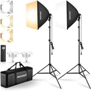 NEEWER 2 Pack 24"x24" Softbox Lighting Kit with Tripod Stands, 45W Bi Color 2.4G LED Bulbs, 10 Channels 2900K-7000K 1400lx/m CRI95, 66'/20m Remote Control, Photography Continuous Lighting Kit, NK103