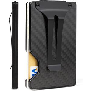 Wallet for Men, Slim Minimalist Carbon Fiber Wallet with Metal Money Clip/Cash Strap, RFID Blocking Aluminum Card Holder-Carbon Fiber