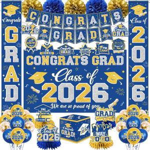 Graduation Decorations Class of 2026 Blue and Gold Graduation Decorations with Congrats Grad Banner,Backdrop,Porch Sign,Balloons,Hanging Swirls,Honeycomb Centerpieces,Box for Graduation Party Supplies