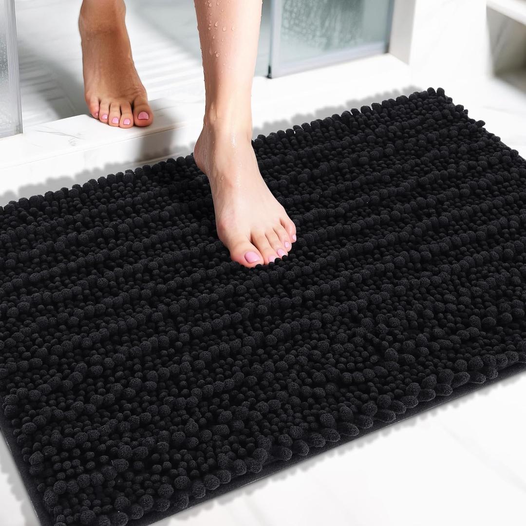 Yimobra Bathroom Rugs Non Slip Washable 32x20 Inch - Ultra Soft Absorbent Chenille Bath Mat, Quick Dry Shaggy Floor Carpet for Tub Shower, Black Home Decor Accessories