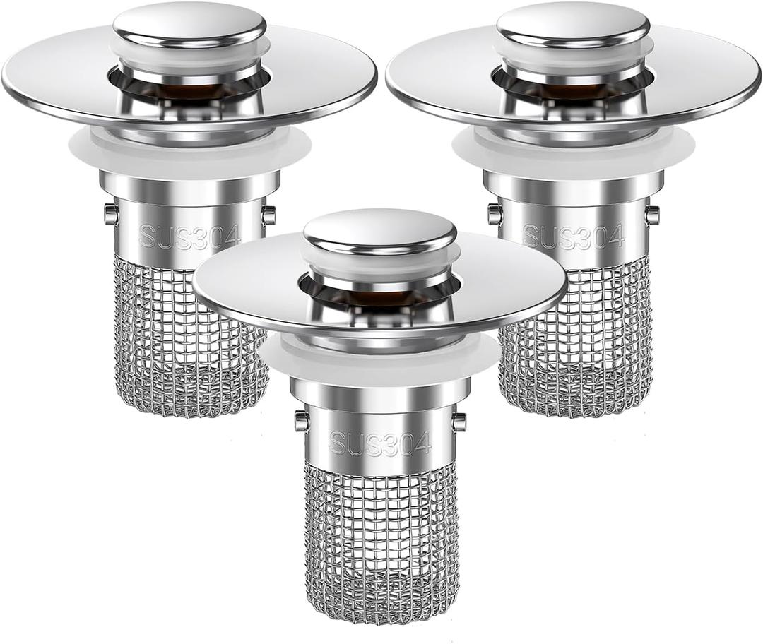 Sink Stopper Hair Catcher, Pop-up Sink Drain Strainer with Removable Stainless Steel Strainer Basket Hair Catcher, Bathroom Sink Strainer for Bathroom Sink Stopper Replacement (3PCS)