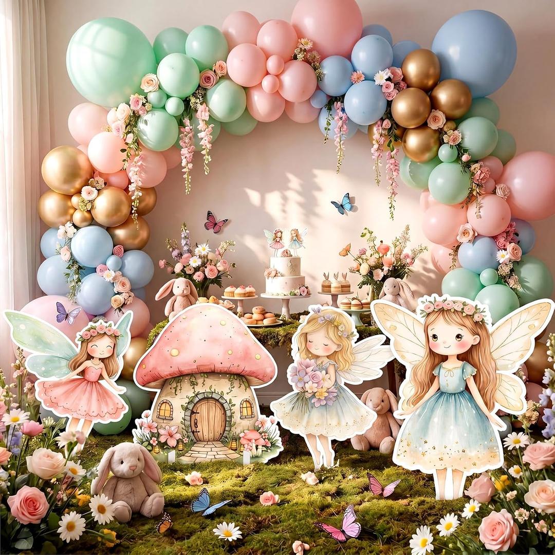 Honoson 4 Pcs Large 24" x 32" Fairy Cardboard Cutouts, Fairy Party Yard Signs Decoration for Baby Shower Birthday Party Supplies Mushroom Flower Forest Lawn Wonderland Garden Decor, 21.65 x 29.53 inches