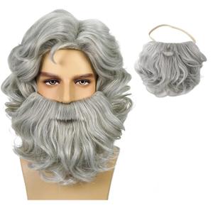 Wiggy Mermaid Old Man Wig Beard for Adult Men Long Gray Wizard Beard and Wig Set Santa Claus with Fake Beard+Cap for Halloween Carnival Christmas Party Costume (Silver Grey-13inch)