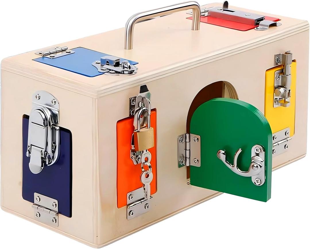 Montessori Lock and Key Toy, Wooden Activity Cube for Toddlers, Wooden Busy Lock Box Toy for Autism, Educational Toy for Fine Motor Skills