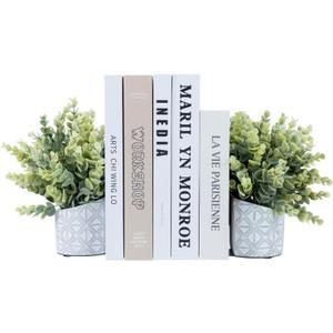 MyGift L-Shaped Decorative Bookends with Artificial Eucalyptus Plant Potted in Modern Geometric Embossed Gray Concrete Pot, Book Ends for Shelf Desk Nook Decor, 1 Pair