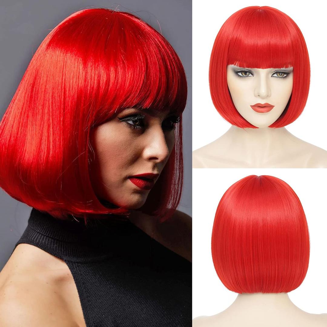 Red Bob Wig With Bangs - Short Red Wigs For Women, Straight Bob Bangs, 10 Inch Heat Resistant Synthetic Hair, Natural Looking For Daily Party Use