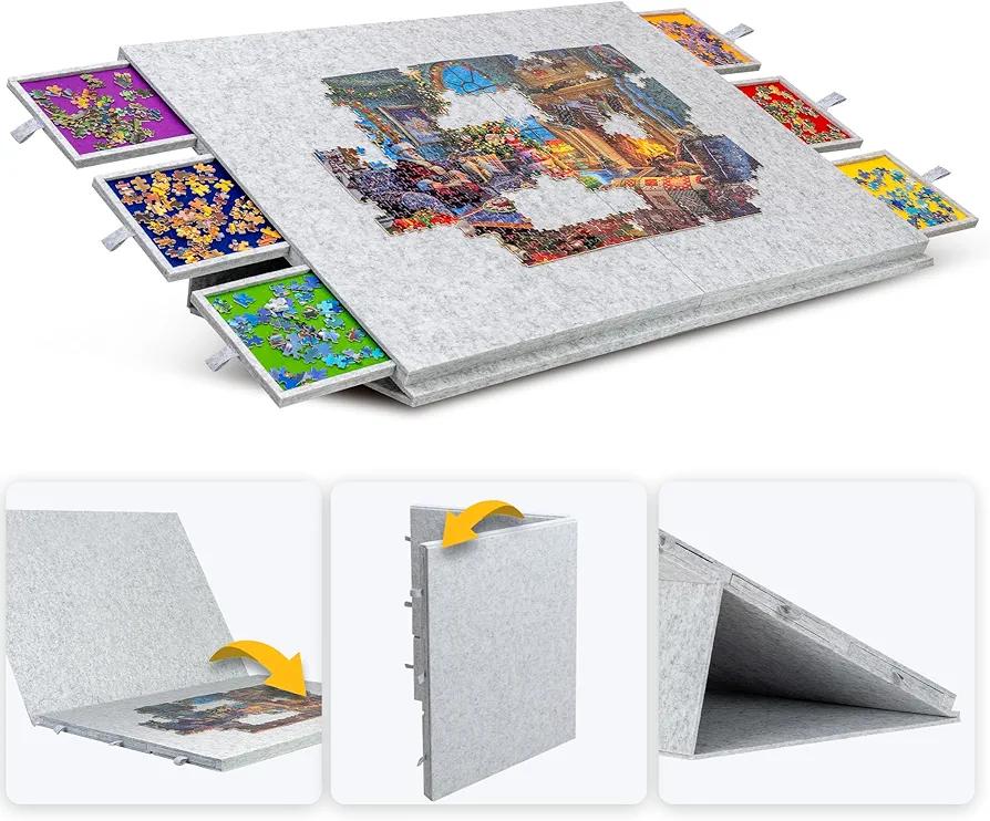 Lavievert 2000 Piece Tilting & Foldable Puzzle Table with 2-in-1 Designed Stand & Cover, Lightweight Felt Puzzle Plateau with 6 Colored Drawers, Portable Jigsaw Puzzle Board for Adults – Light Gray