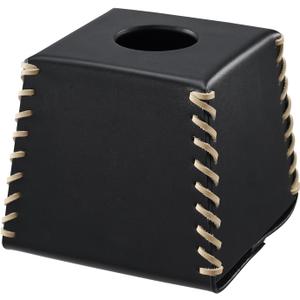 Premium PU Leather Tissue Box Cover, Stylish Tissue Box Holder for Bathroom, Office, Car & Tabletop. Bottom Belt Design for Easy Refills (Black Color, Square)