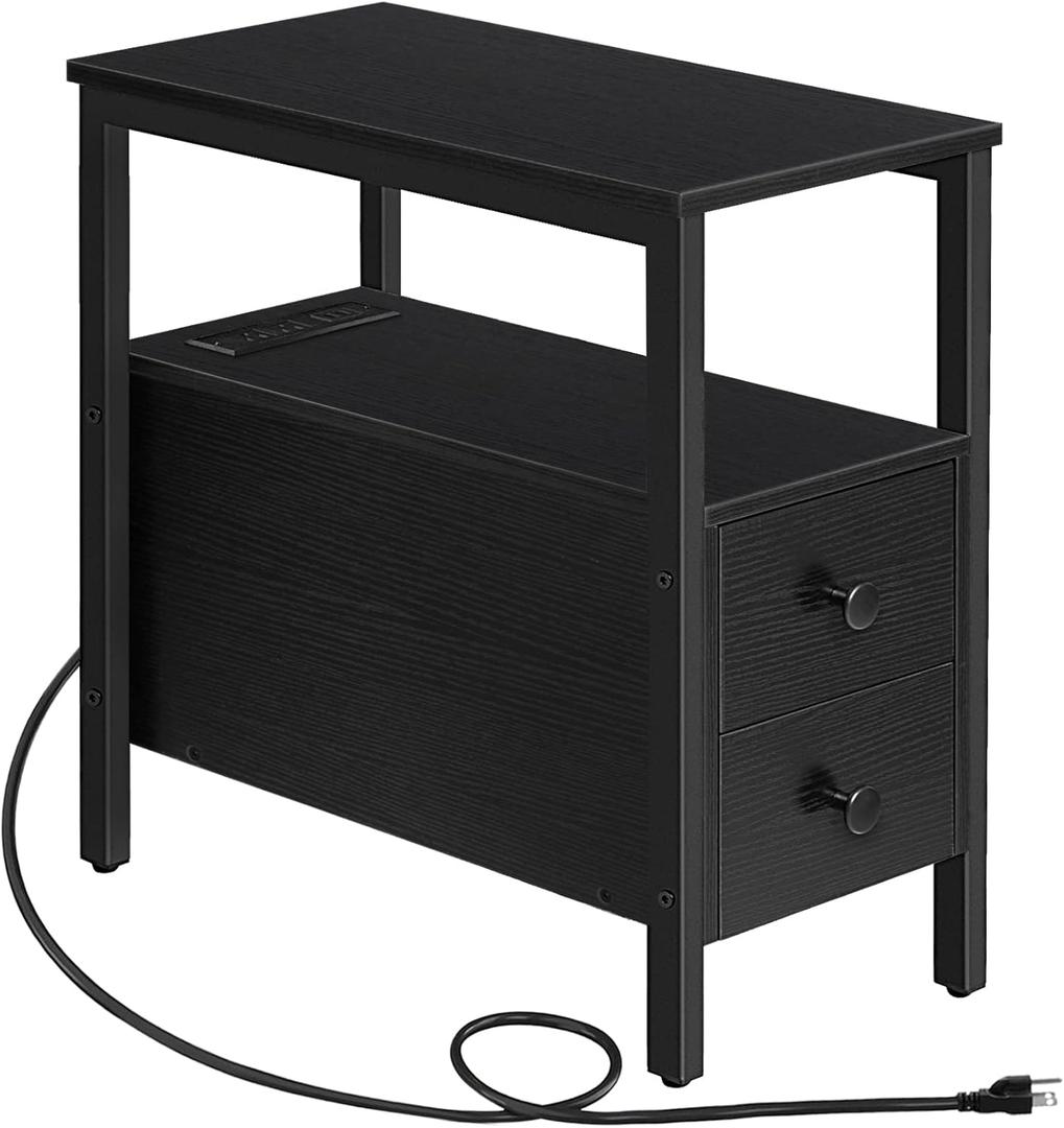 HOOBRO End Table with Charging Station, Narrow Side Table with 2 Drawer & USB Port & Power Outlets, Nightstand for Small Spaces, Stable and Sturdy, for Living Room, Bedroom, Black BK541BZ01