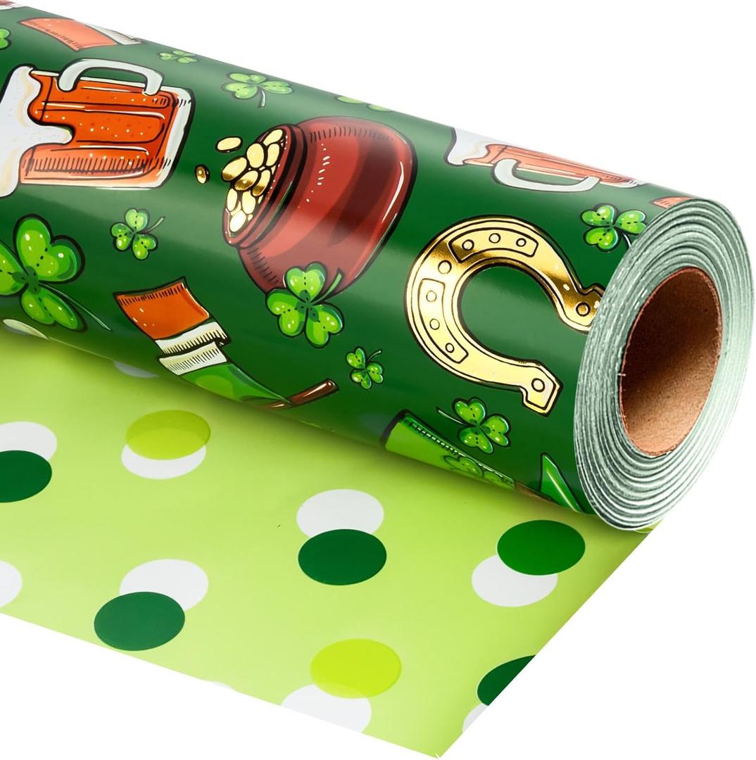 2 x Merture St. Patricks Green Reversible Wrapping Paper Roll - 17 In x 32.8 Ft (46.5 sq.ft.ttl.) - Lucky Shamrocks, Leprechaun Hats, Gold Pots and Horseshoes with Watercolor Green Polka Dots Design for Festive St. Patrick's Day, DIY Crafts, Holiday Greeting Cards and Irish Themed Celebrations