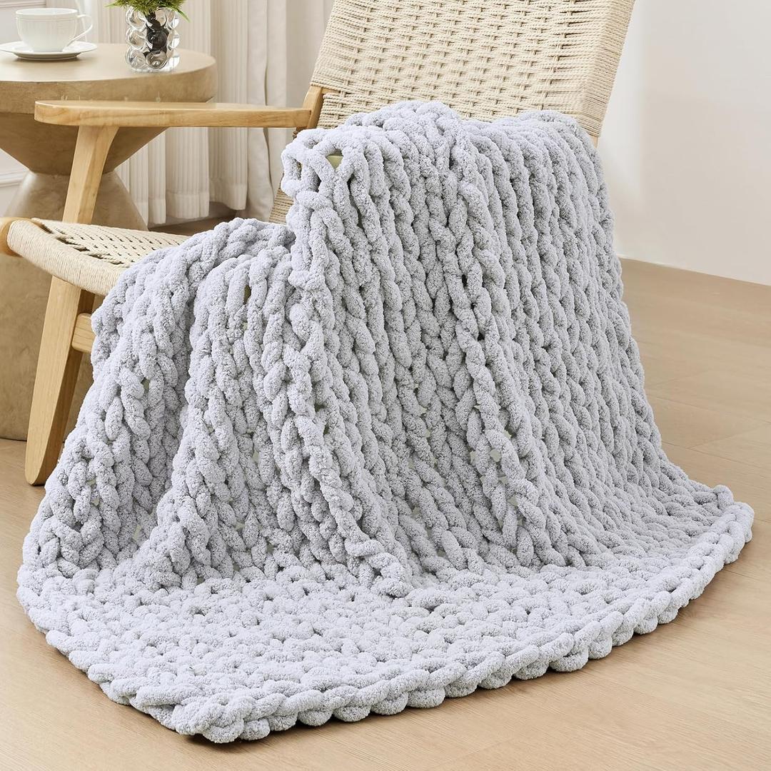 Bigacogo Chunky Knit Throw Blanket for Couch, 40x40 inches, 100% Hand Knitted with Thick Jumbo Chenille Yarn, Cozy Soft Large Rope Knot Cable Crochet Blankets for Sofa Bed Living Room, Light Grey