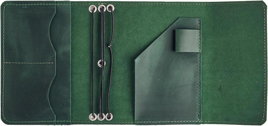 Genuine Leather A6 Journal Cover – Refillable Handmade Notebook Cover with 3 Elastic Bands, Pen Loop & Card Pockets – Travel Diary Case Fits A6 4.1" x 5.8" Notebooks (Paper Not Included), Green