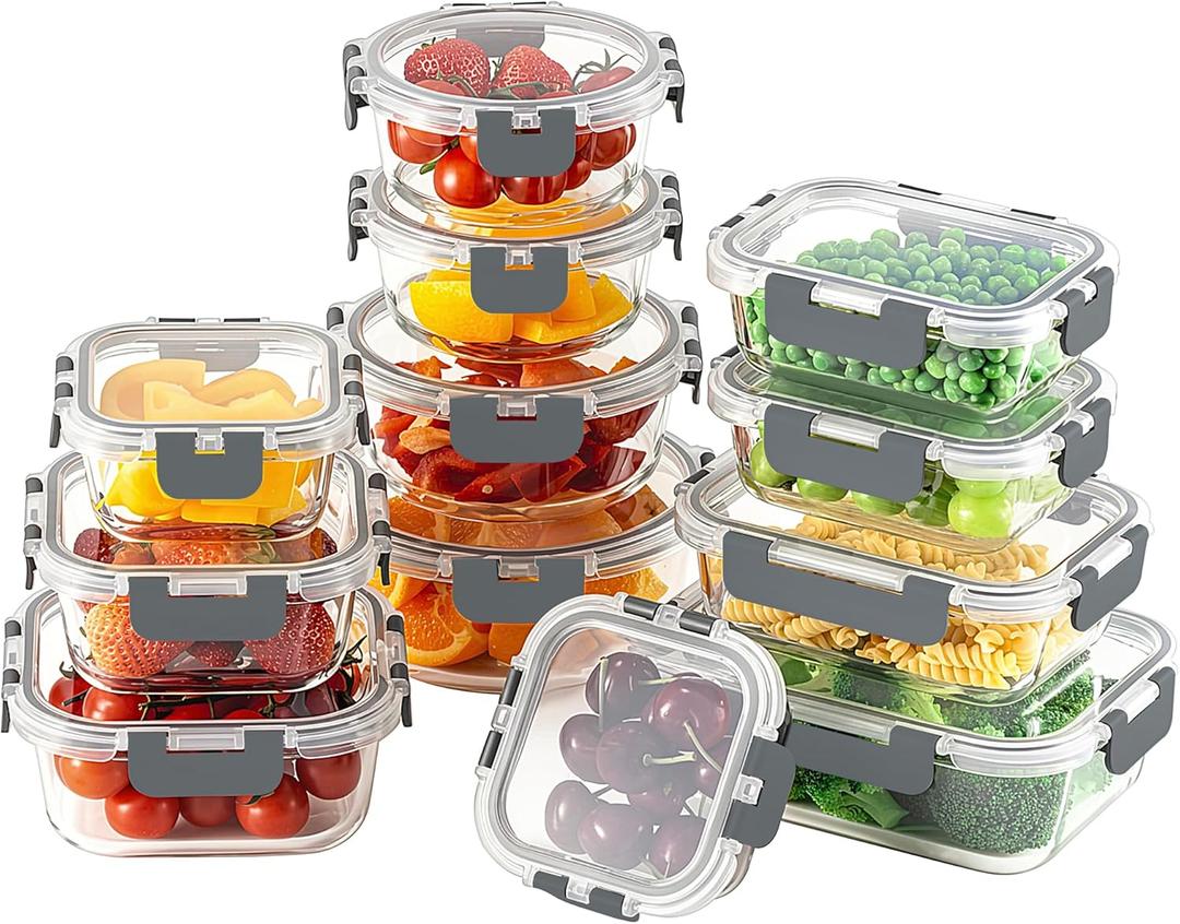HOMBERKING 24pc Borosilicate Glass Food Storage Containers with Snap Locking Lids, Glass Meal Prep Containers, Airtight Lunch Boxes, Oven, Freezer and Dishwasher Safe, BPA Free, Kitchen Storage Set (Grey)