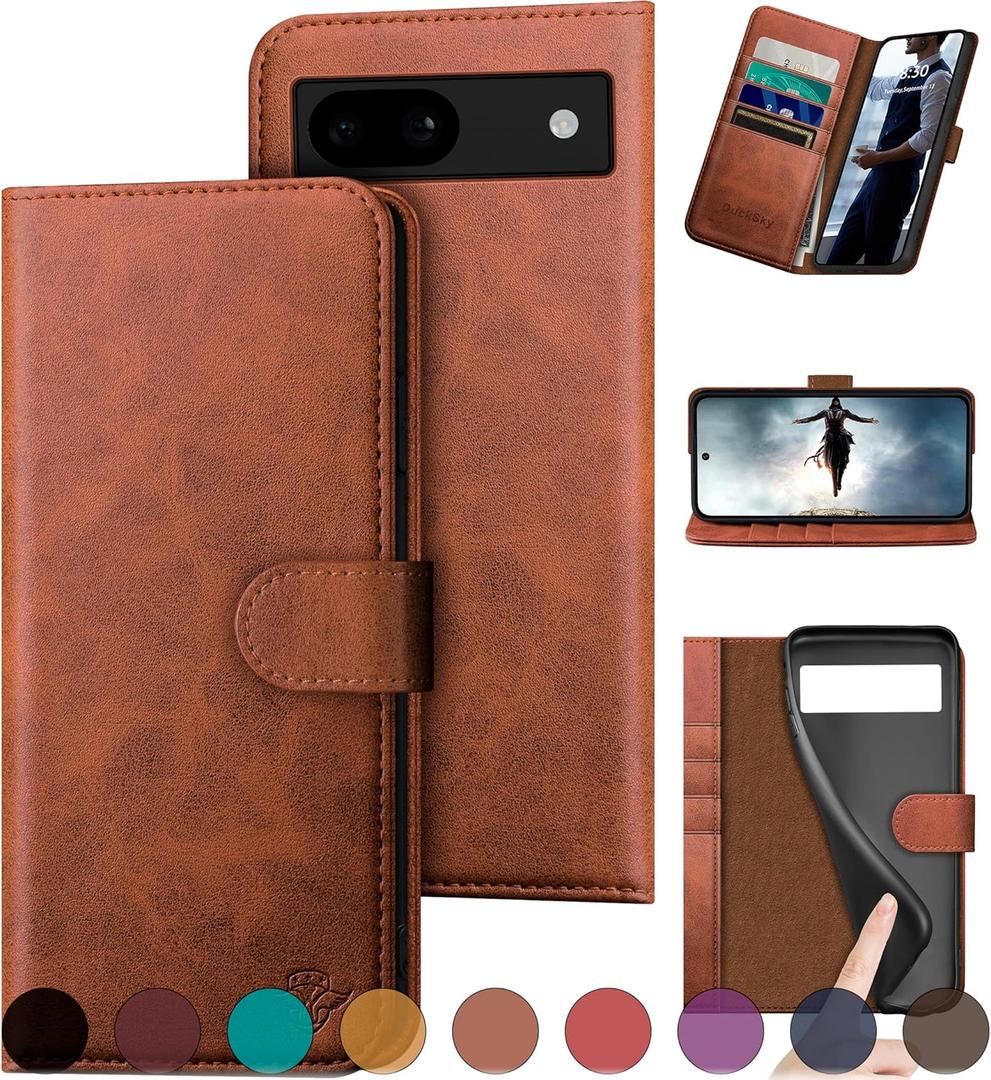 DuckSky for Google Pixel 8A Genuine Leather Wallet case RFID Blocking4 Credit Card HolderReal Leather Flip Folio Book Phone case Protective Cover Women Men for Pixel 8A case Light Brown