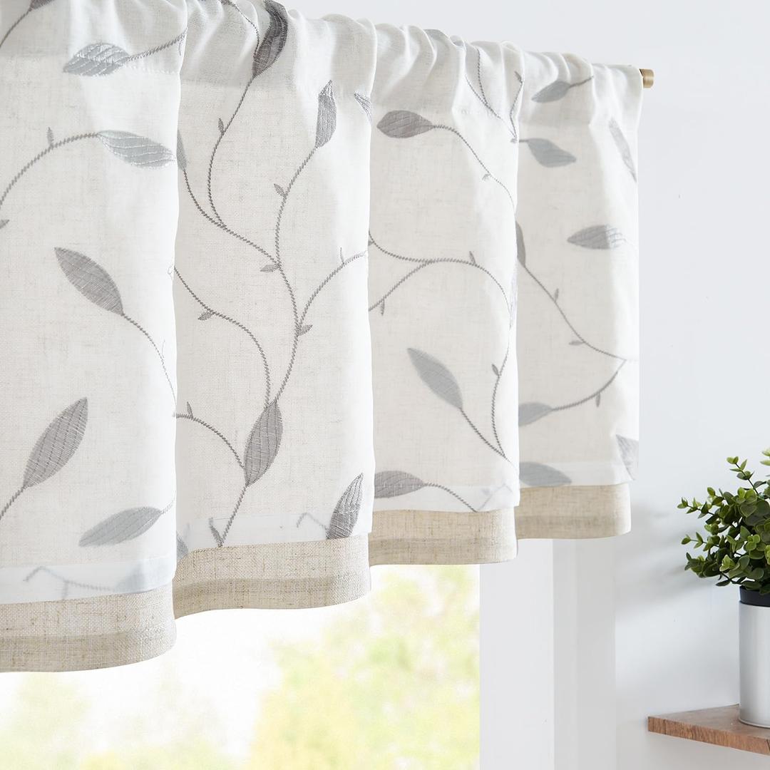 Jinchan White Sheer Valance for Window Gray Leaf Embroidered Valance Light Filtering Grey Voile Window Treatment for Living Room Kitchen Farmhouse Rustic Double Layer Curtain 18 Inch 1 Panel