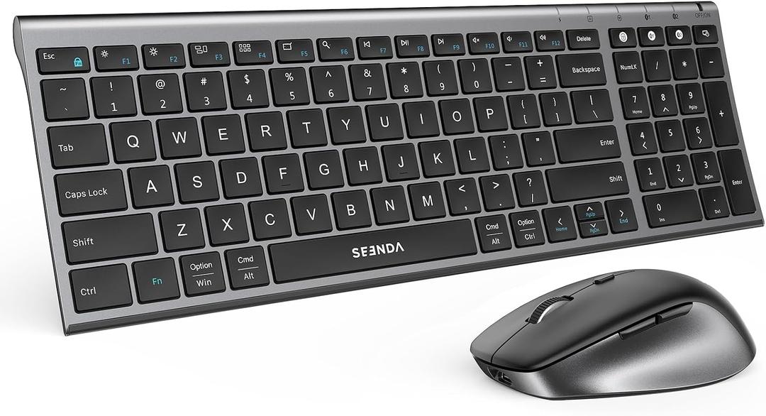 seenda Wireless Bluetooth Keyboard Mouse Combo, COE401 Rechargeable Silent Keyboard Mouse Compact Slim, 3 Multi-Device Connection, Compatible for Windows/Mac PC Laptop MacBook iPad, Black Gray