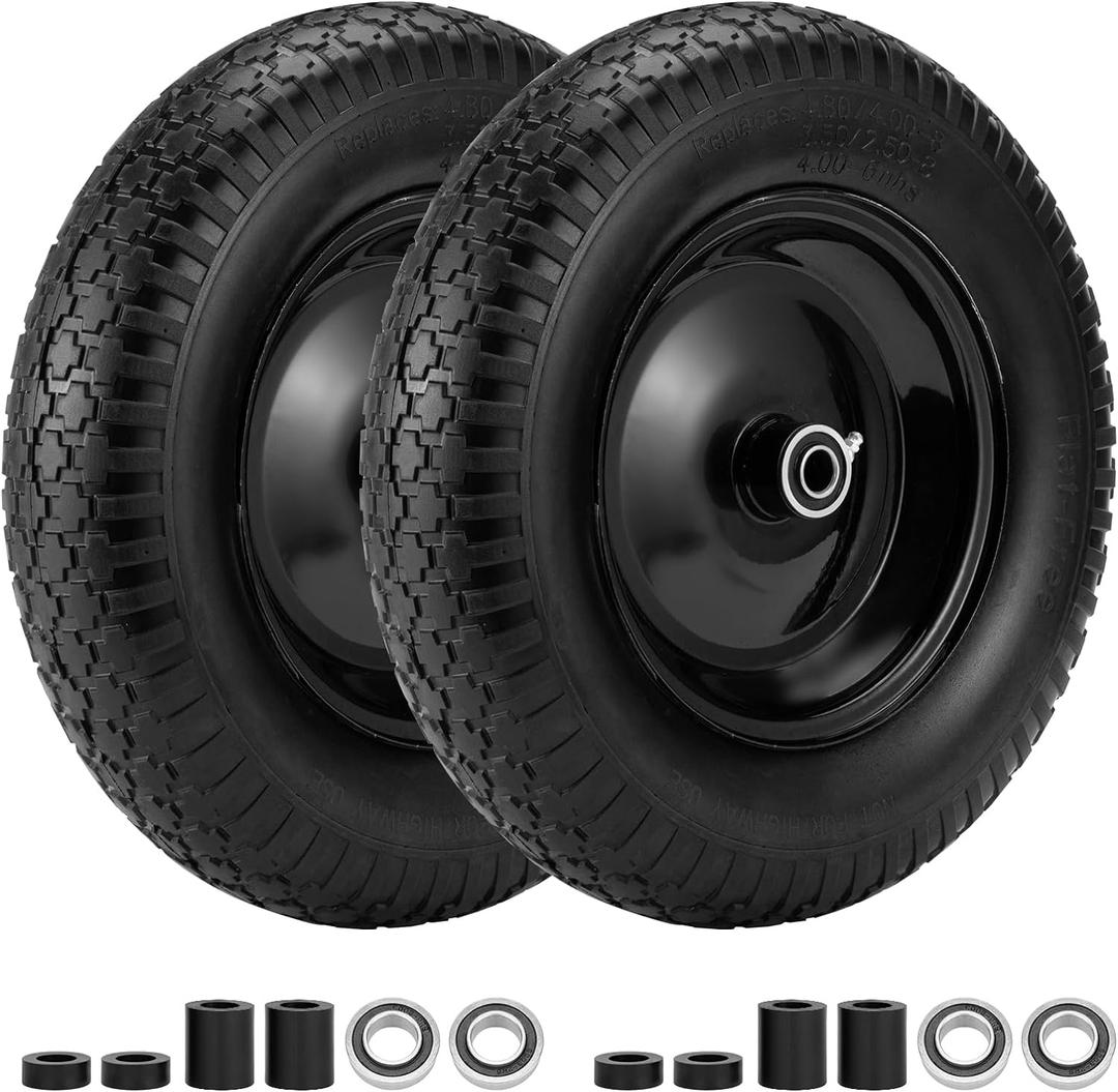 4.80/4.00-8" Flat Free Wheelbarrow Tire, 14.5" Wheel Size, 5/8" Axle Bore, 3" Center Hub, 3/4" Bearings, Universal Replacement Solid Tire for Hand Truck/Cart (Black)