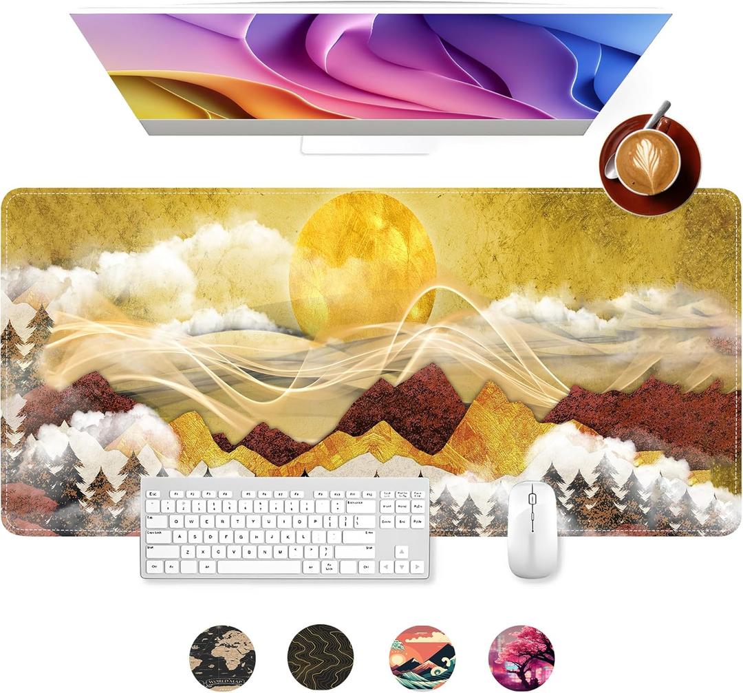 Mouse Pad, Golden Sun Mountain Groovy Forest Large Gaming Mouse Pad for Desk, Big Desk Mat with Seamed Edges, Waterproof Desk Pad, Non-Slip Rubber Base, Long Computer Mousepad, 31.5 x 11.8 Inch