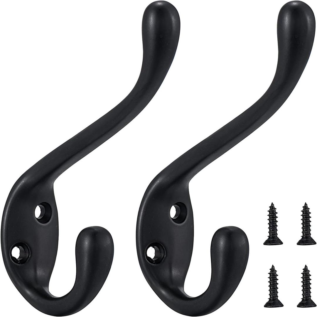 Jukzi Coat Hooks 10 Pack - Heavy Duty Wall Mounted Matte Black Double Hooks for Hanging Clothes/Towels - Sturdiness Design with Better Mounting System