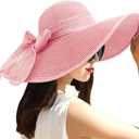 DRESHOW Beach Hats for Women Big Straw Wide Brim Summer Hat Floppy Foldable Roll up Cap Sun Hat UPF 50+, Pink / 5.7" Brim
