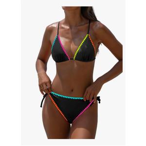 popvil Womens Triangle Bikini Sets: Black Halter String Two Piece Swimsuit Sexy Bathing Suit for 2025 Beach Vacation L